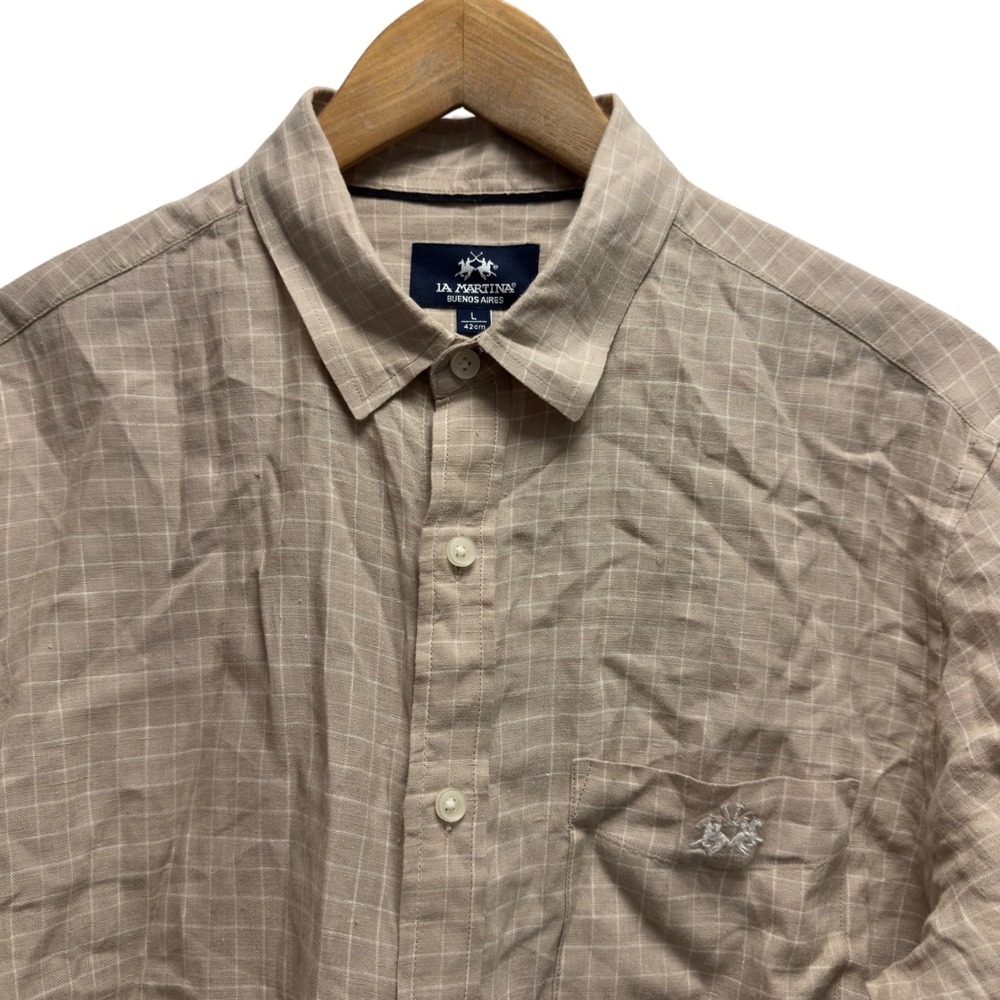 La Martina Mens Large Tan Windowpane Plaid Linen Button Front Tailored Fit Shirt
